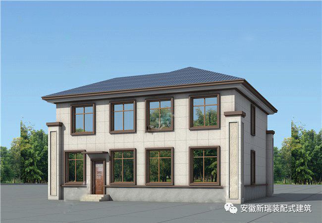 新中式小别墅采用灰棕搭配,蓝色坡屋顶